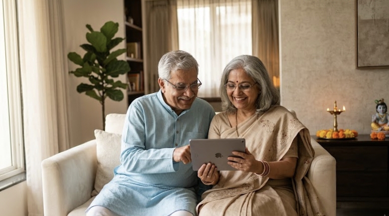 An elderly Indian couple sitting together on a sofa, listening to a prayer on a tablet at home