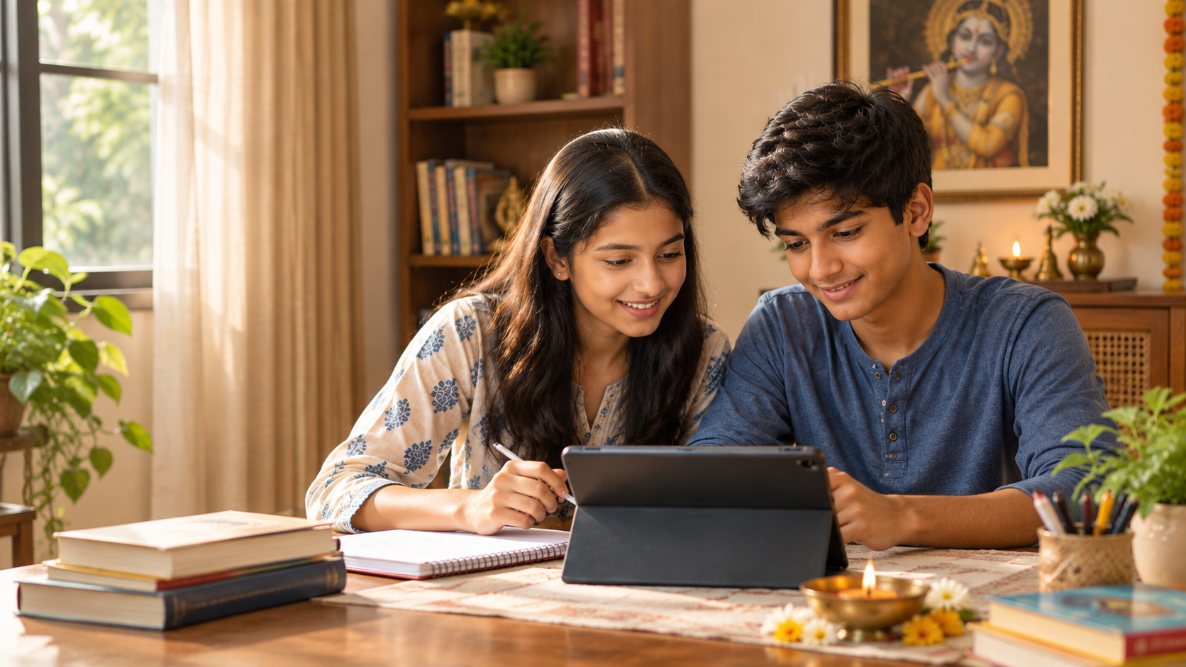 Two Indian children learning a shloka together on a tablet at a sunlit study table at home