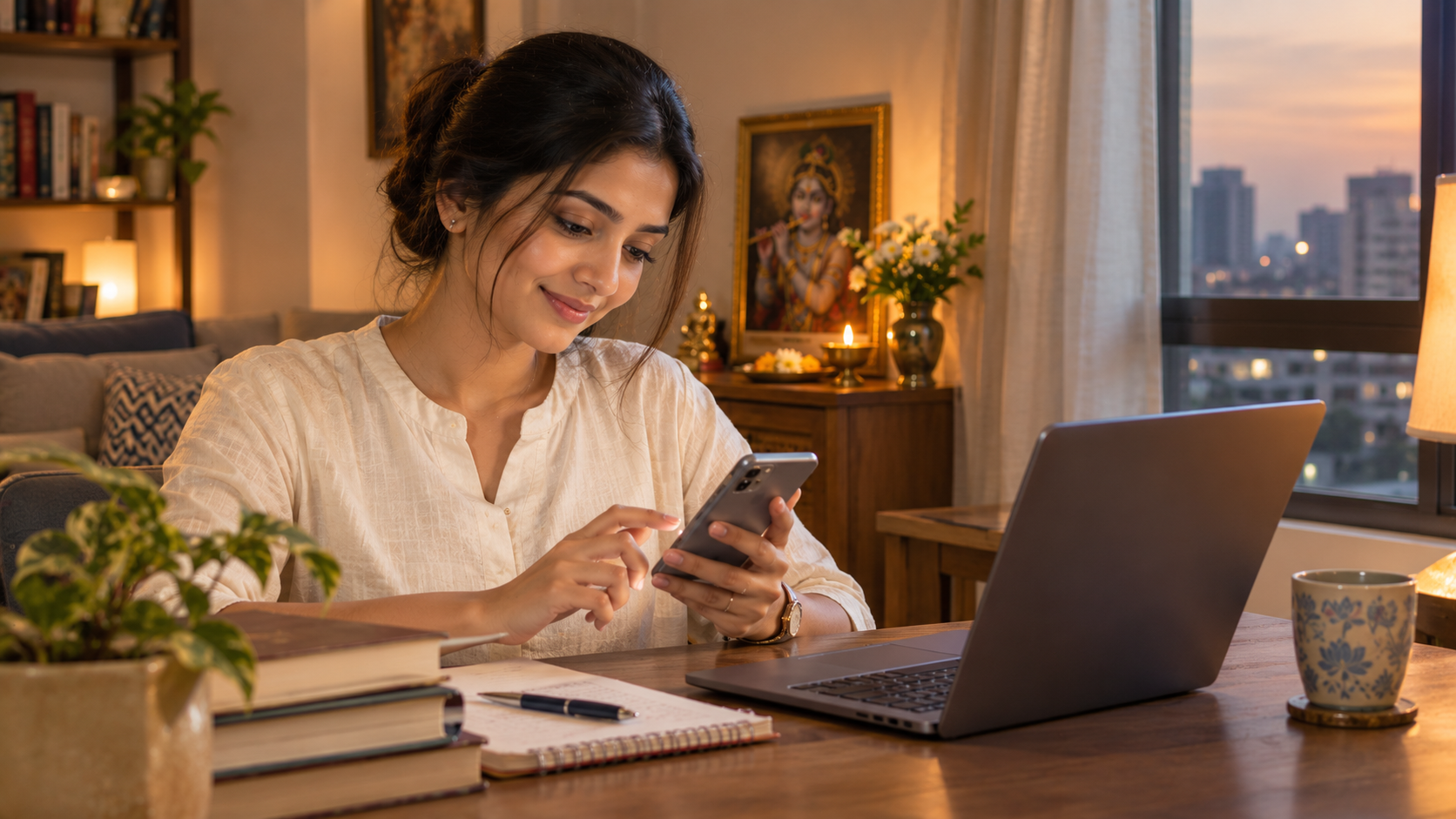A modern Indian woman learning a shloka on her smartphone at her desk at dusk