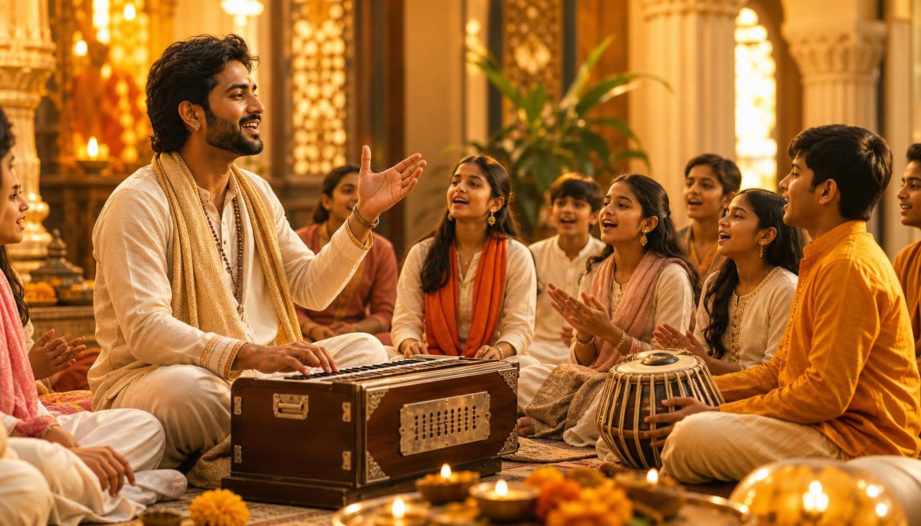 A teacher guiding students in bhajan singing with harmonium and tabla