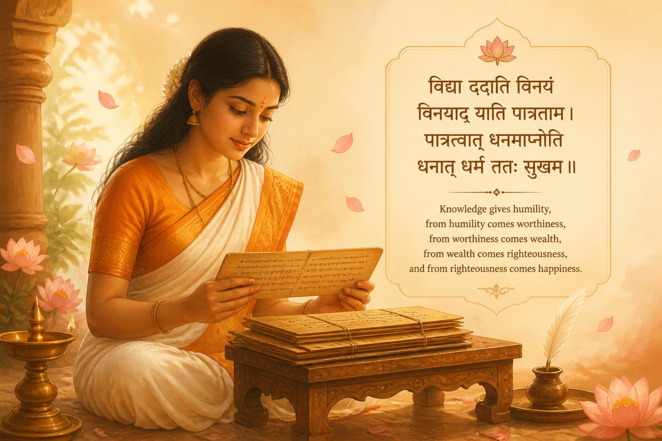 A seeker reading Sanskrit shlokas from a traditional manuscript