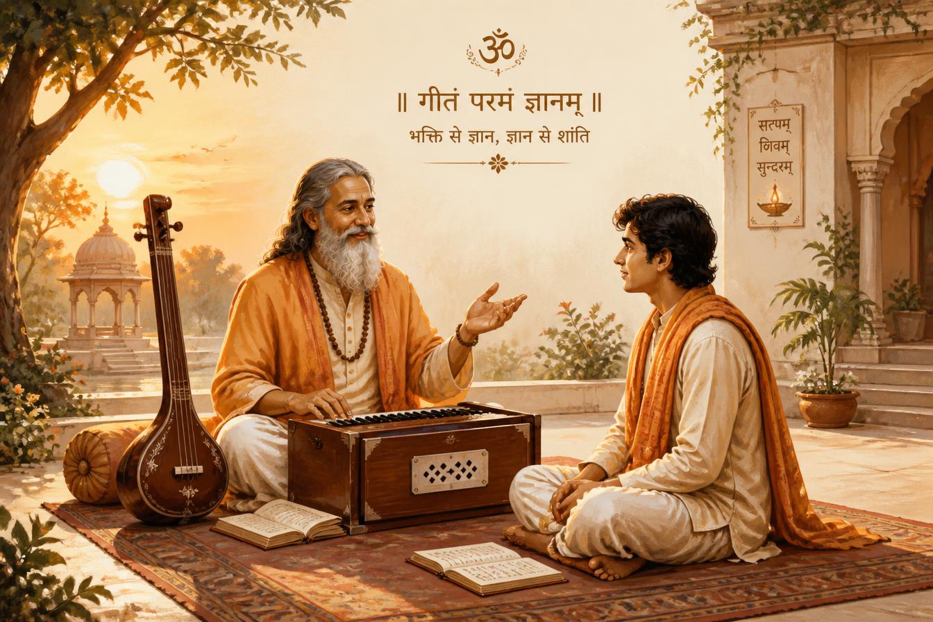 A traditional teacher guiding a student in bhajan practice