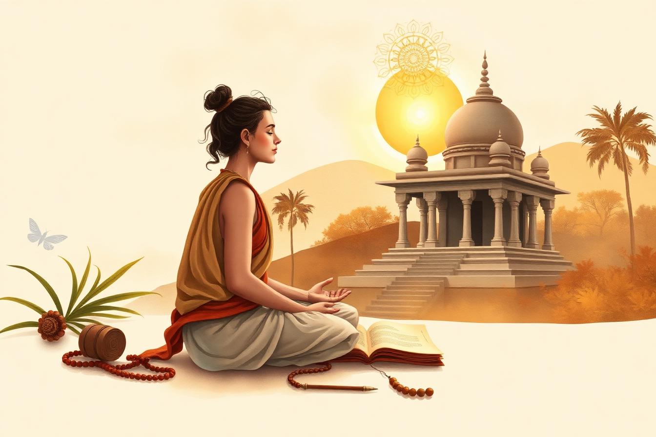 A peaceful figure meditating at sunrise near a temple