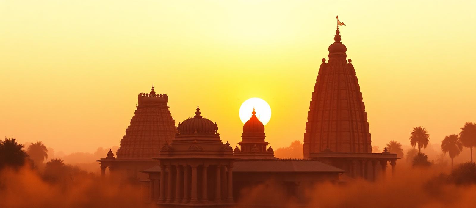Silhouettes of Indian temples at sunrise